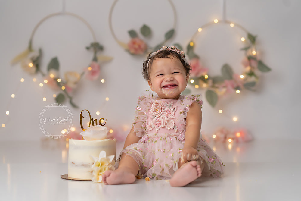 Pink Floral Hoops Cake Smash Photoshoot Background for Girls
