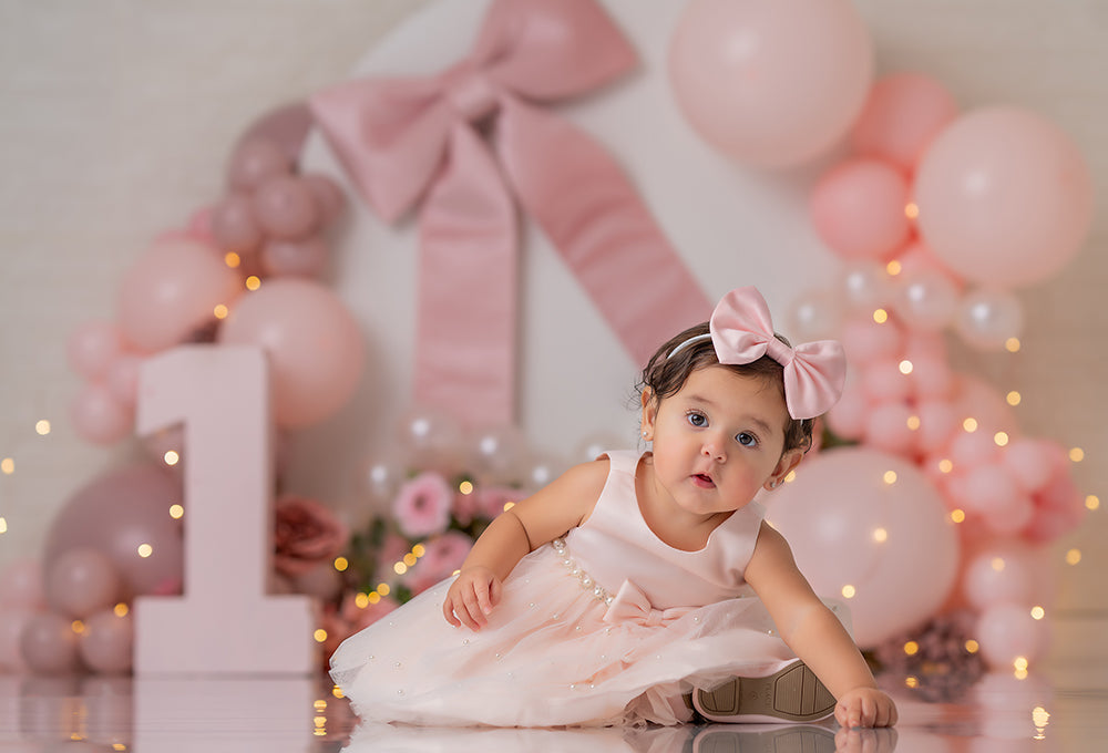 Large Pink Bow Cake Smash Photoshoot Background for Girls