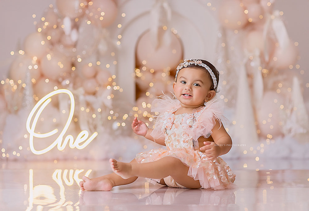 Winter Princess Marry One Cake Smash Birthday Backdrop with Balloons
