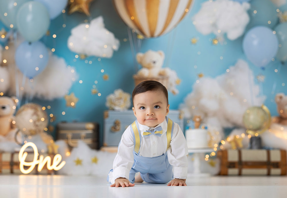 Teddy Bear Hot Air Balloon Cake Smash Boy Backdrop for Photography