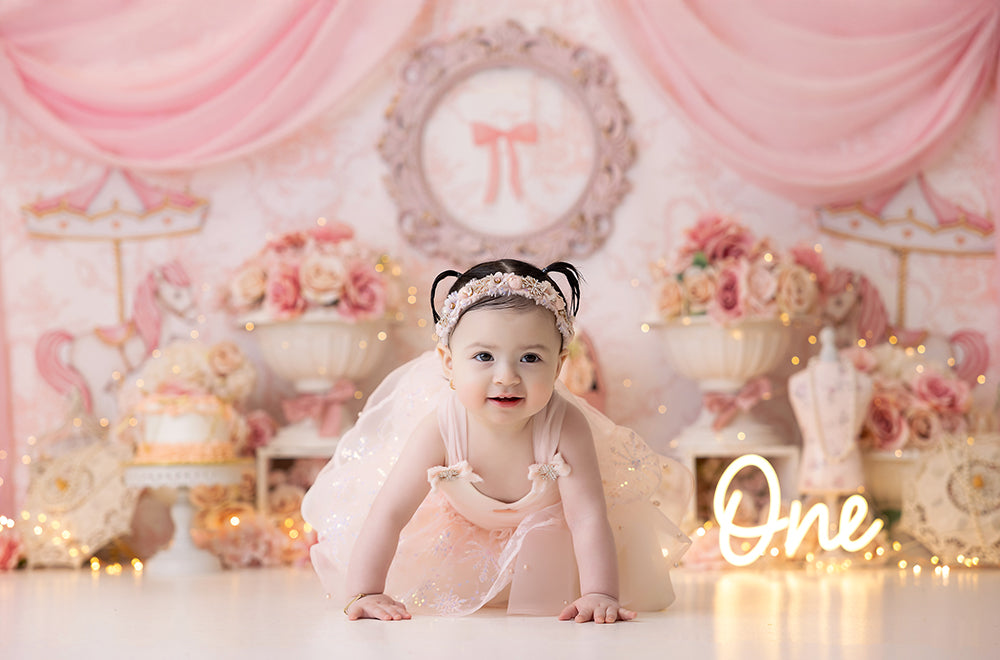 Vintage Pink Cake Smash Backdrop for Birthday Photoshoot