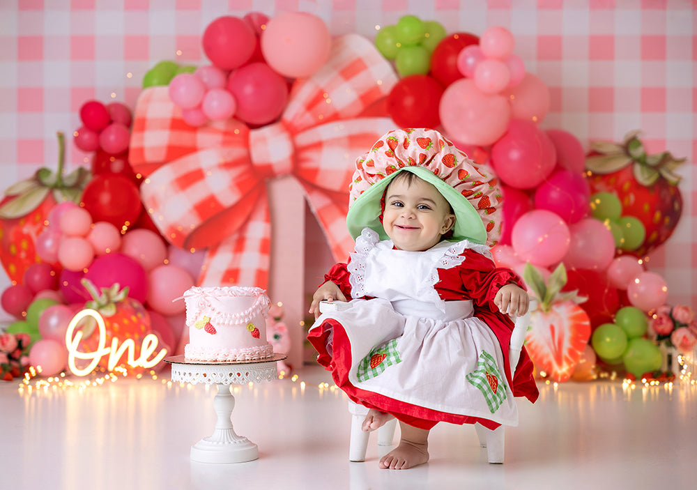 Berry Sweet Strawberry First Birthday Cake Smash Backdrop
