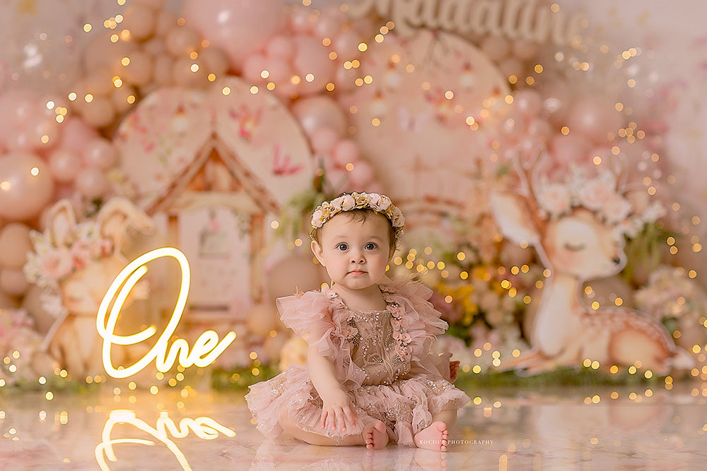 Girls Whimsical Woodland Cake Smash Girl Backdrop for Photoshoot