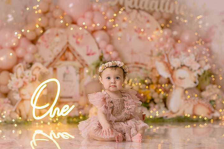 Girls Whimsical Woodland Cake Smash Girl Backdrop for Photoshoot
