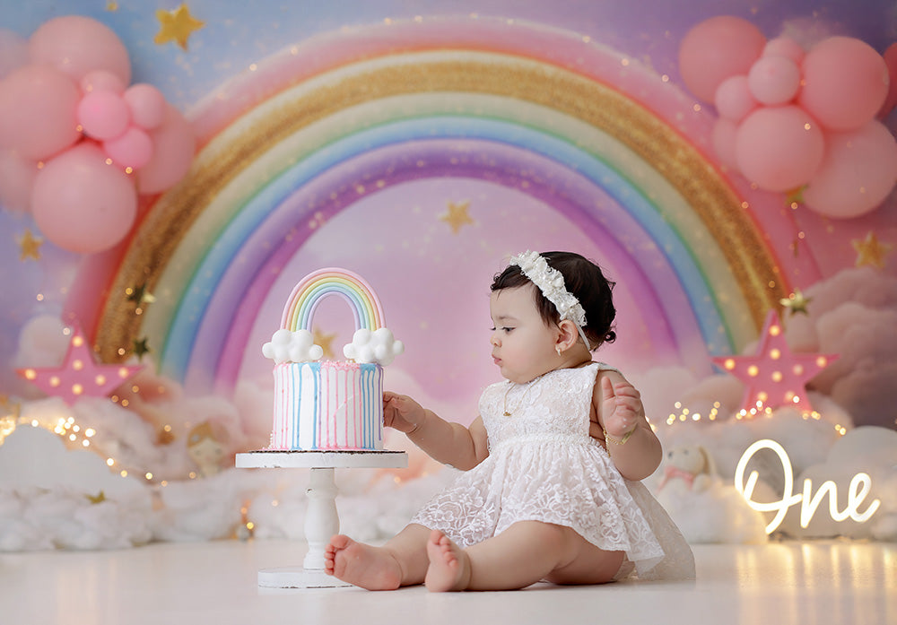 Pastel Rainbow Birthday Cake Smash Girl Photo Backdrop