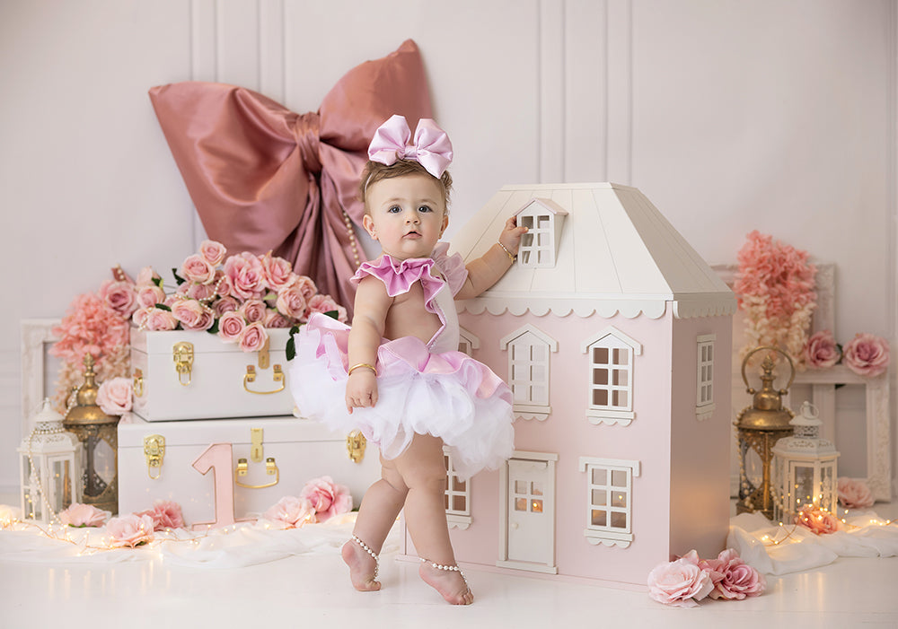 Pink Bow Dollhouse Birthday Cake Smash Photo Backdrop Girl