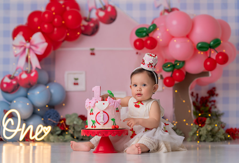 Cherry first birthday theme cake smash birthday photo backdrop
