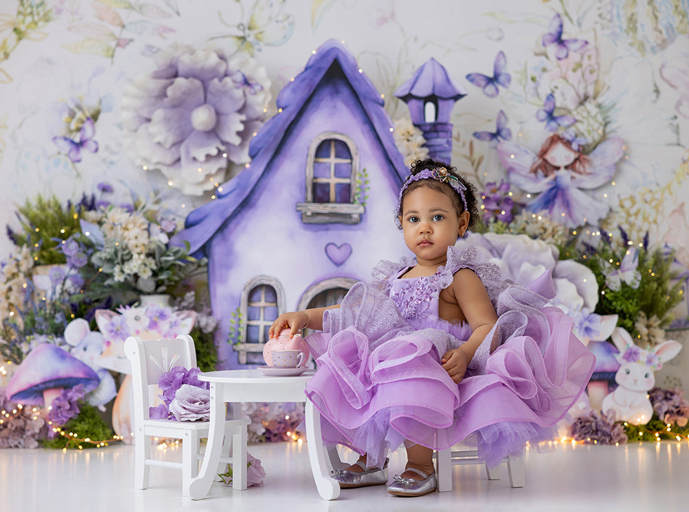 Enchanted Fairy Garden Cottage Hut 1st birthday Cake Smash Backdrop