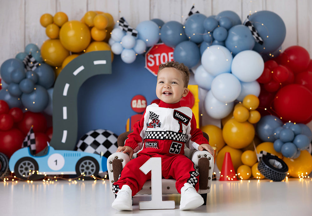 The Fast Lane Race Car 1st birthday Cake Smash Backdrop for Boys