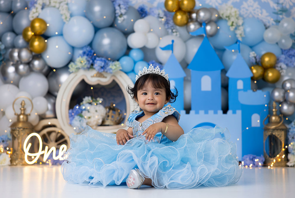 Azure Dream Castle Princess 1st birthday Cake Smash Backdrop for Girls