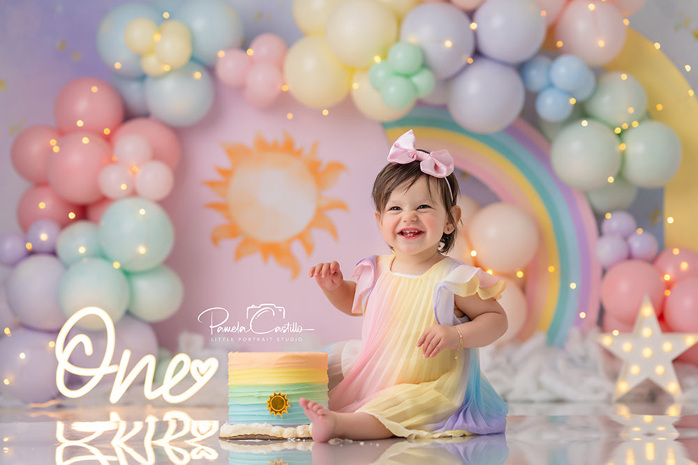 Pastel Balloon Bliss Rainbow Cake Smash Photo Backdrop for Girls