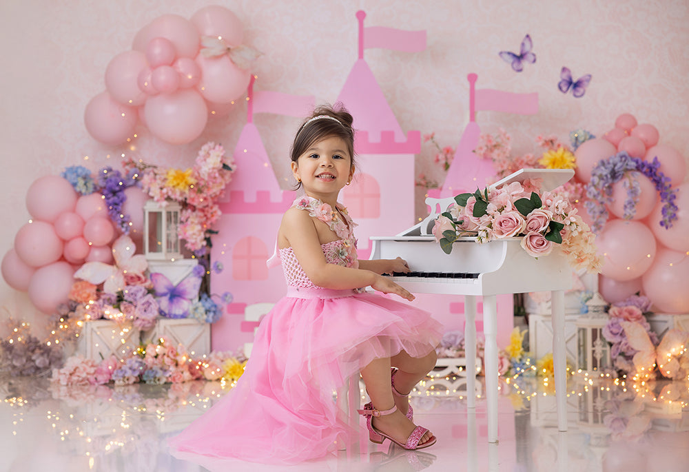 Crowned in Pink Castle Princess birthday Cake Smash Backdrop for Girls