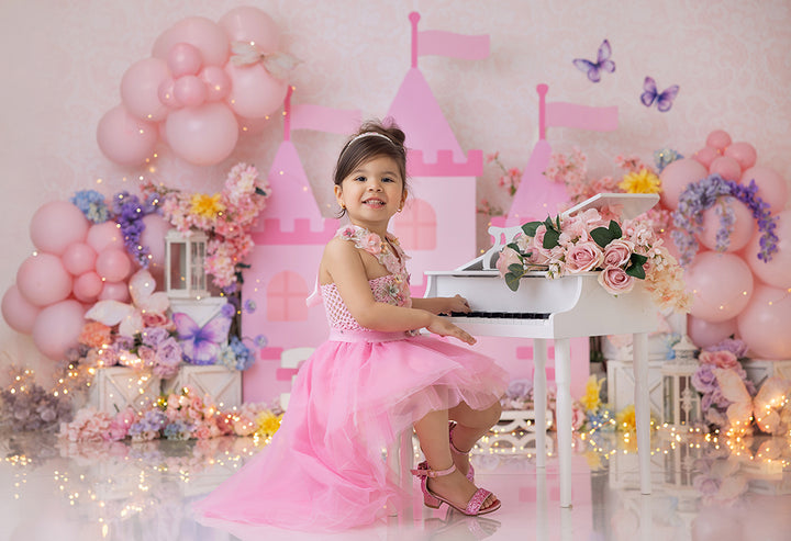Crowned in Pink Castle Princess birthday Cake Smash Backdrop for Girls