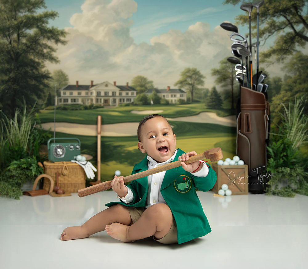 Tee It Up golf theme 1st birthday cake smash backdrop for photos