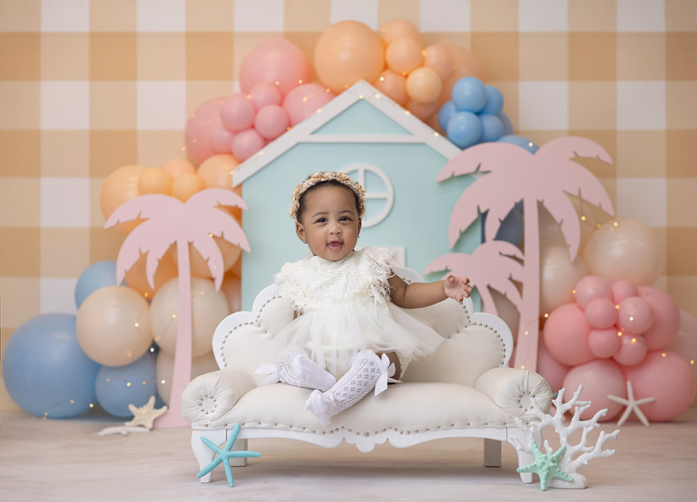 Seaside Soiree (Pink Palms) beach theme birthday Cake Smash Backdrop