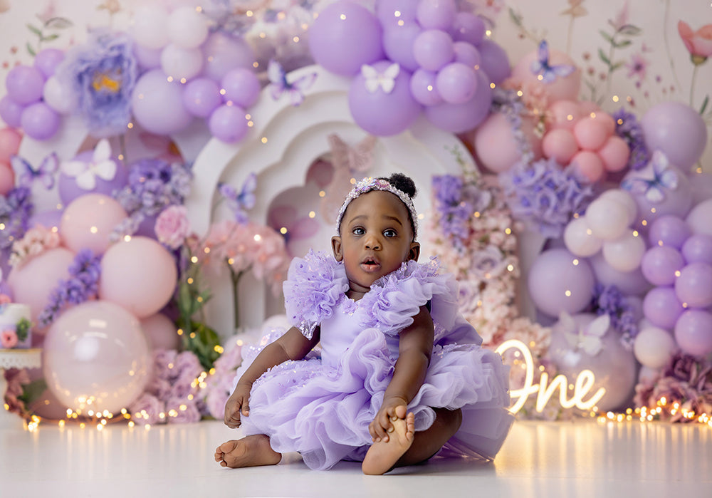 Purple Flutter butterfly birthday Cake Smash Backdrop for Girls