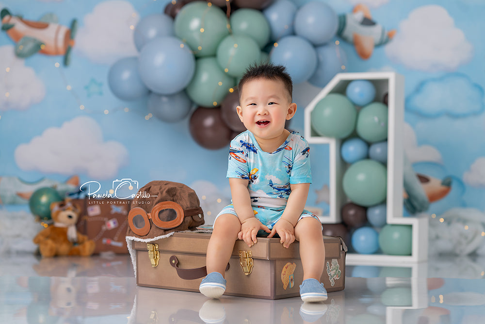 Soaring Celebration Airplane Cake Smash Birthday Backdrop for Boys