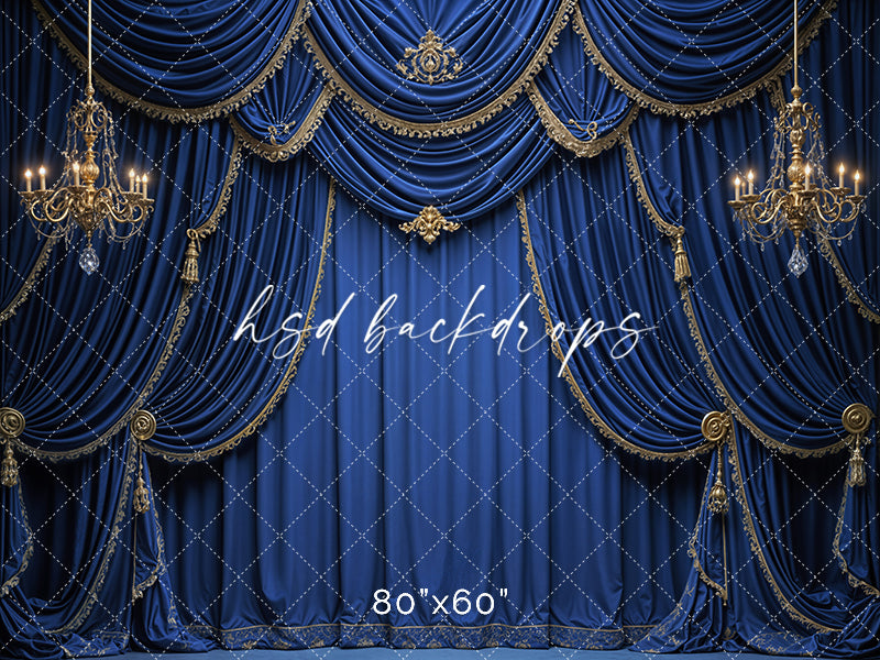 Royal Sapphire Stage backdrop with blue drapes, chandeliers, and gold trim.