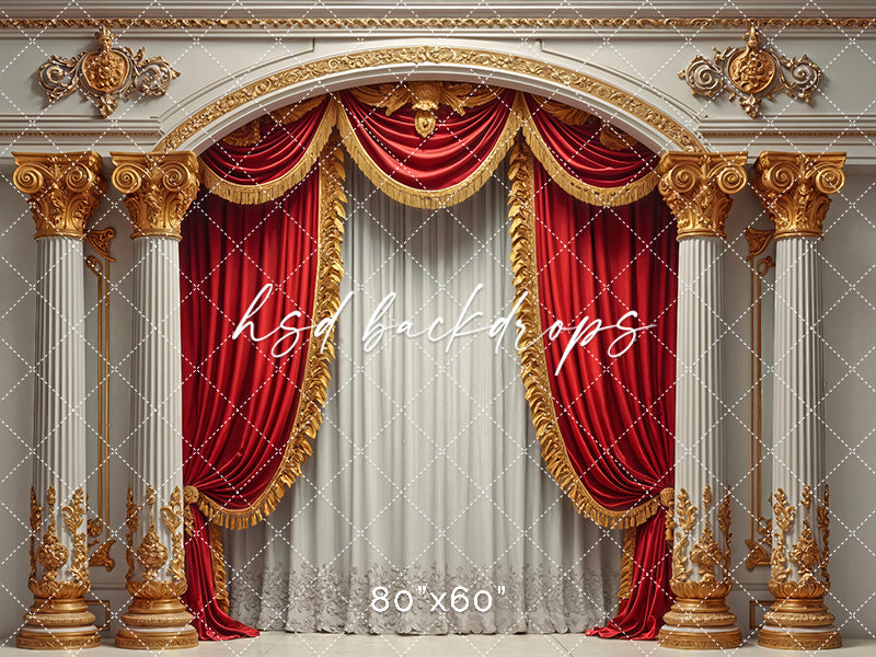 Regal red and gold curtain photography backdrop with ornate columns and vintage stage design.
