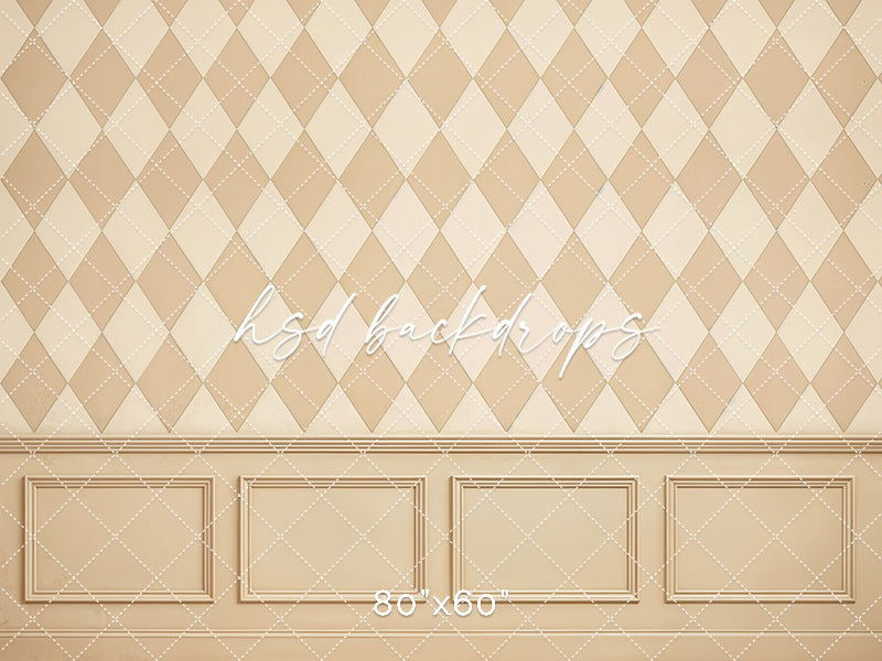 Classic cream harlequin wall backdrop with beige diamond pattern and wainscoting detail.