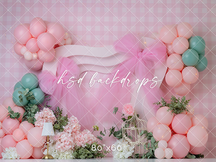 Pink Tulle Garden Party – Gingham Birthday Photography Backdrop
