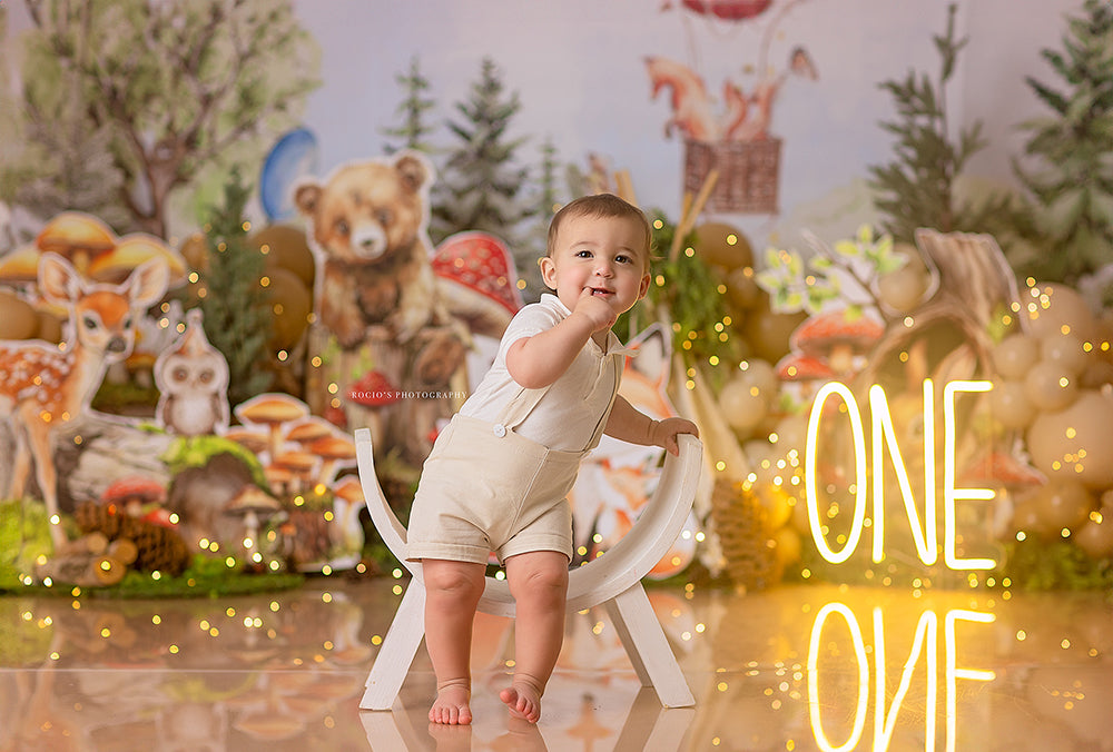 Enchanted Woodland Friends forest animal birthday photography backdrop with fox, bear, deer, balloons, and trees.