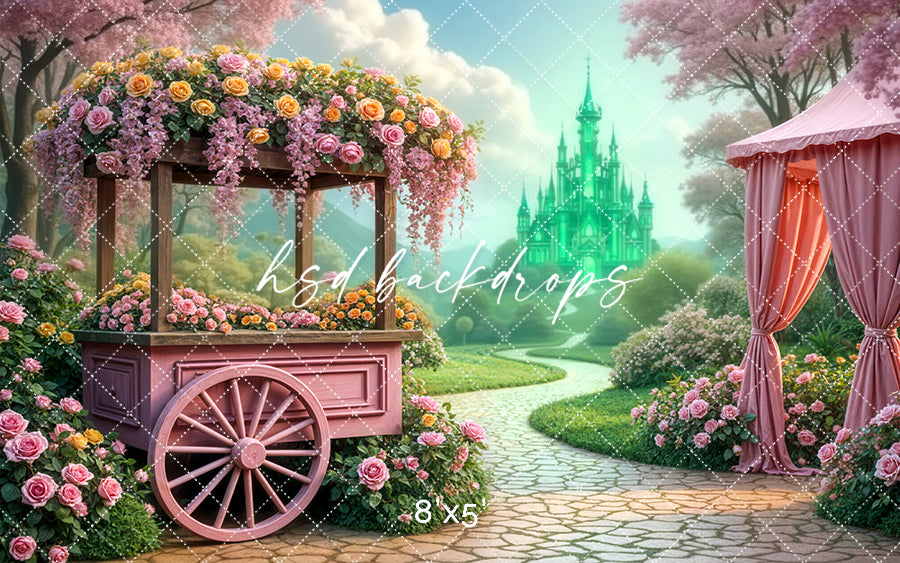 Emerald Enchantment Path Backdrop with floral garden walkway and glowing green castle for fairytale photography