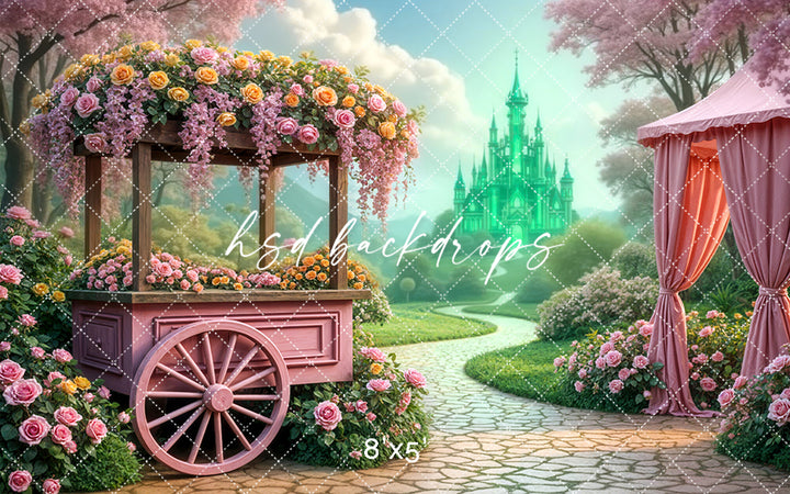 Emerald Enchantment Path Backdrop with floral garden walkway and glowing green castle for fairytale photography