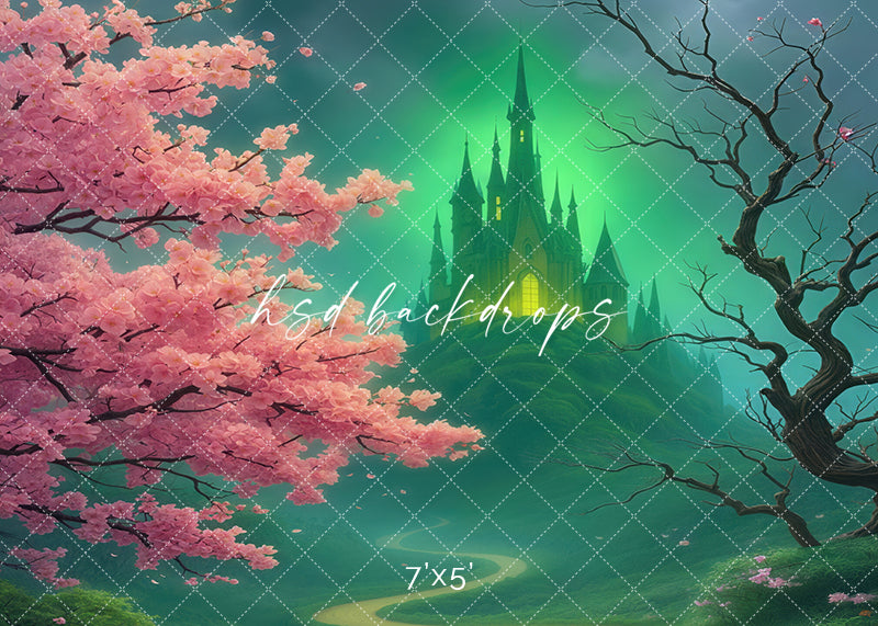 Emerald Castle Fantasy Photography Backdrop with glowing green sky and cherry blossoms