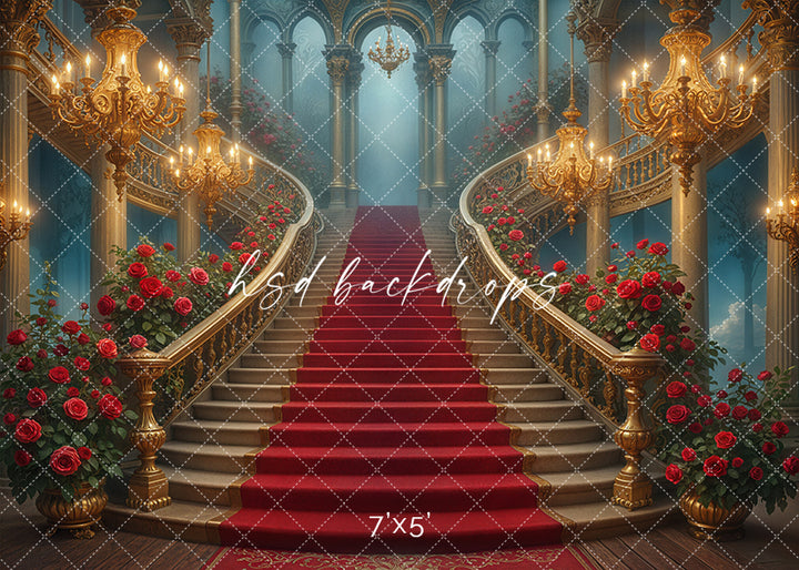Elegant fairytale castle staircase photography backdrop with red carpet, golden chandeliers, and roses – Enchanted Ballroom design by HSD Backdrops.