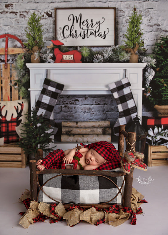 Plaid Christmas Fireplace - HSD Photography Backdrops