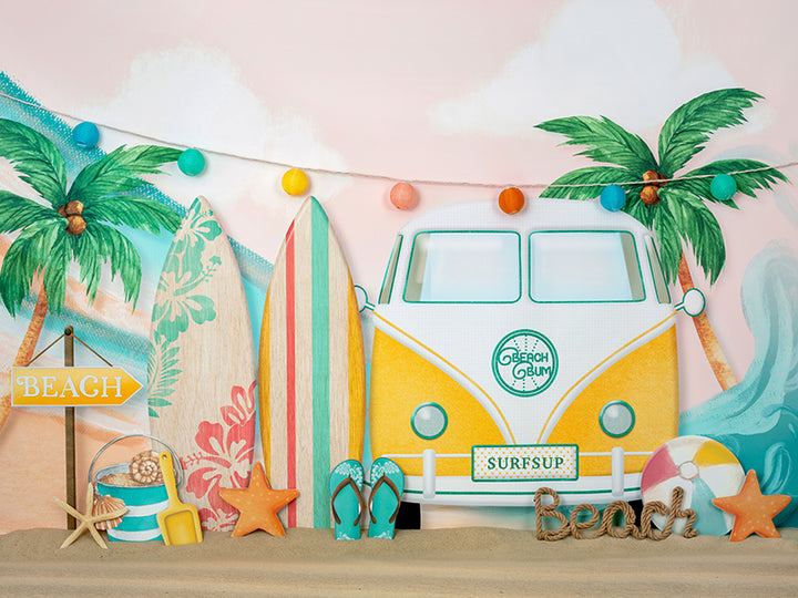Summer photo backdrop with beach van, surf boards and palm trees for summer mini sessions
