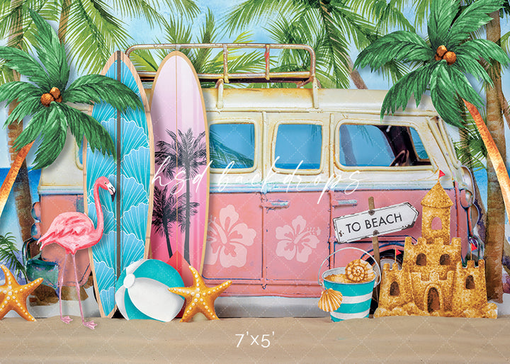 Girls Summer Beach Backdrop for Photography with Van and Ocean Scene