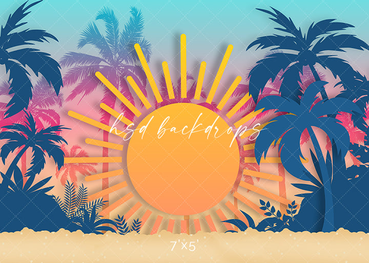 Tropical Sunset Beach Photo Backdrop with Palm Trees for Summer