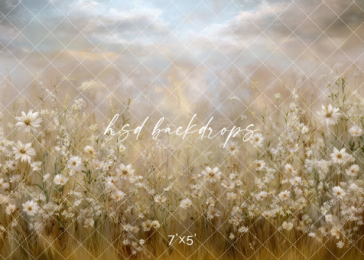 Neutral meadow backdrop with cream wildflowers, soft grasses, and a dreamy painted sky for photography.