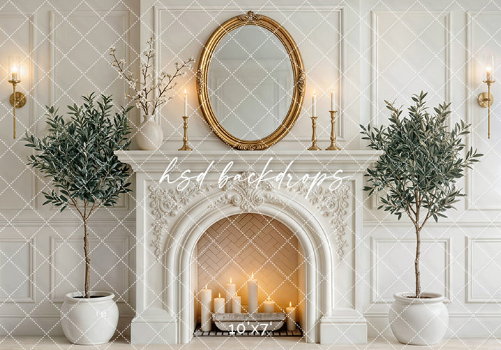 Elegant White Mantel Fireplace Photography Backdrop – Classic European Portrait Scene | HSD Backdrops