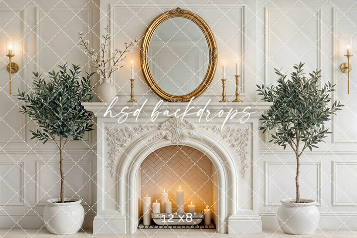 Elegant White Mantel Fireplace Photography Backdrop – Classic European Portrait Scene | HSD Backdrops