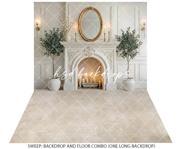 Elegant White Mantel Fireplace Photography Backdrop – Classic European Portrait Scene | HSD Backdrops