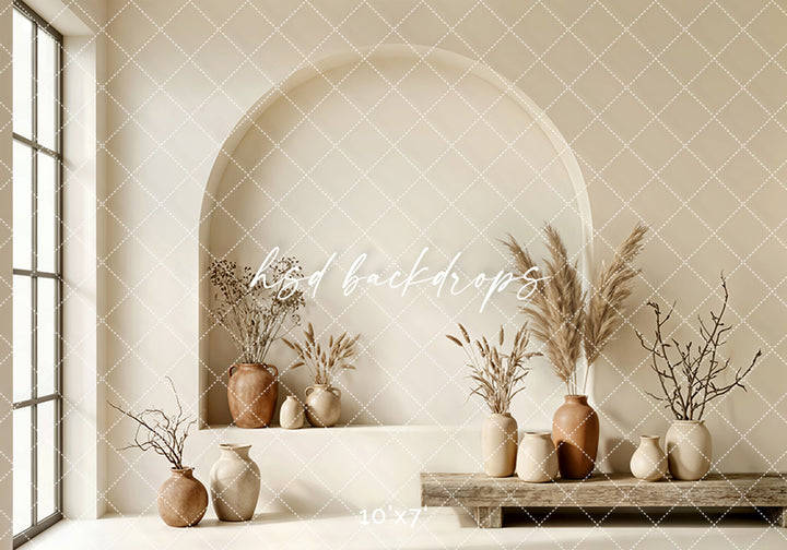 Neutral Boho Arch Niche Photography Backdrop – Modern Minimalist Portrait Scene | HSD Backdrops