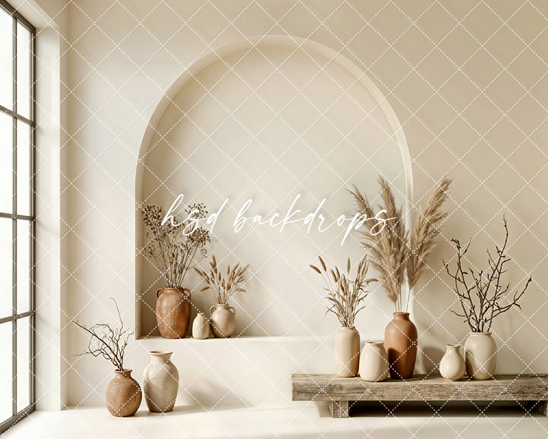 Neutral Boho Arch Niche Photography Backdrop – Modern Minimalist Portrait Scene | HSD Backdrops
