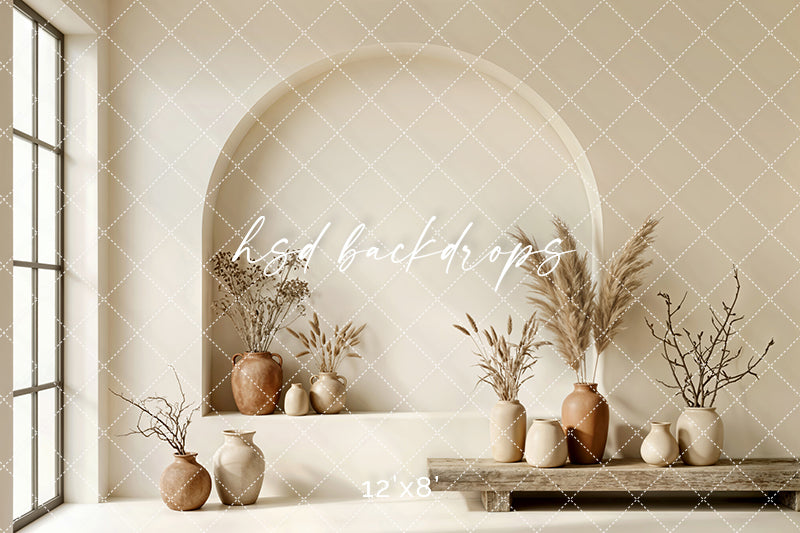 Neutral Boho Arch Niche Photography Backdrop – Modern Minimalist Portrait Scene | HSD Backdrops
