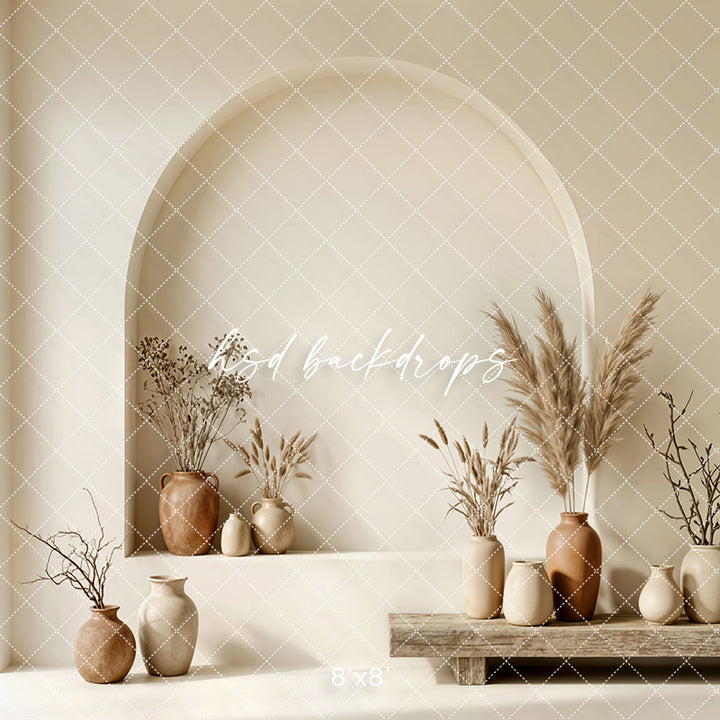 Neutral boho arch niche photography backdrop with beige architectural arch and minimalist decor for branding portraits.