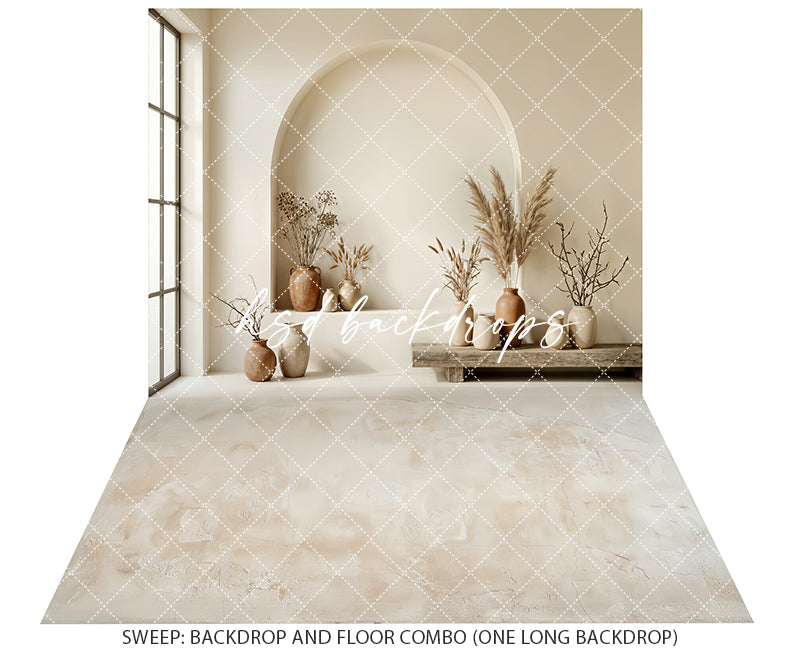 Neutral Boho Arch Niche Photography Backdrop – Modern Minimalist Portrait Scene | HSD Backdrops