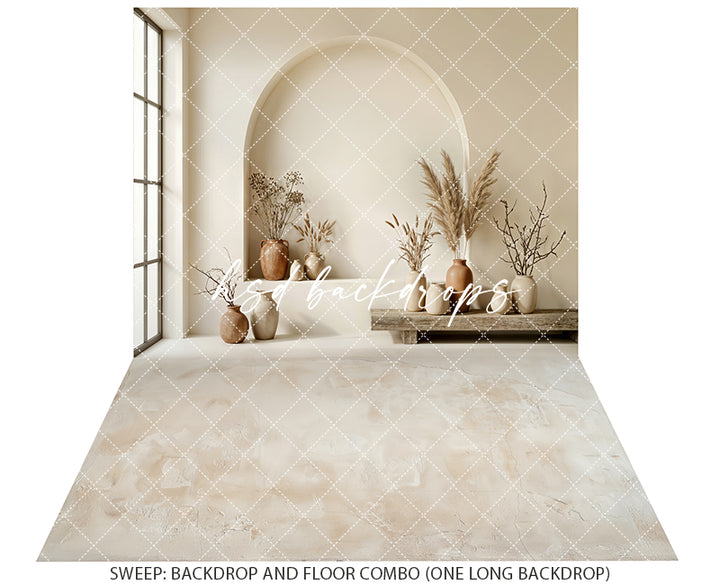 Neutral Boho Arch Niche Photography Backdrop – Modern Minimalist Portrait Scene | HSD Backdrops