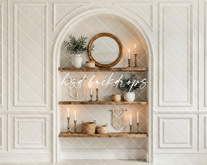 Beige Arch Nook Shelf Photography Backdrop – Refined Branding Portrait Scene | HSD Backdrops