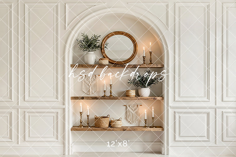 Beige Arch Nook Shelf Photography Backdrop – Refined Branding Portrait Scene | HSD Backdrops