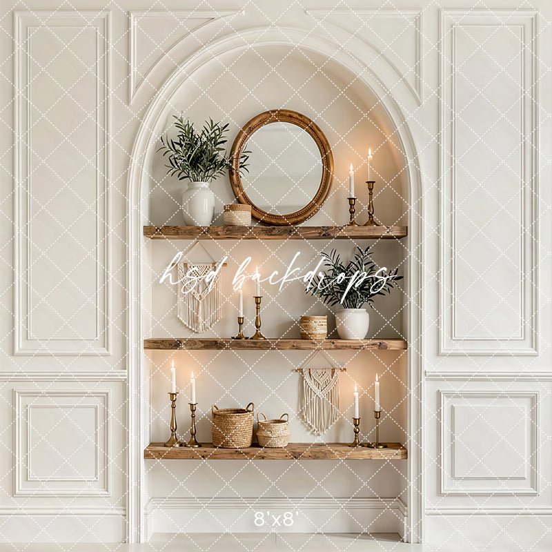 Beige arch nook shelf photography backdrop with minimalist interior styling and natural wood shelves for branding portraits.