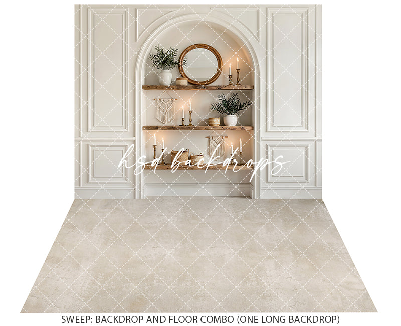 Beige Arch Nook Shelf Photography Backdrop – Refined Branding Portrait Scene | HSD Backdrops
