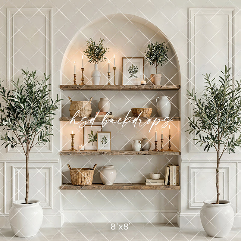 Neutral pampas arch photography backdrop with beige architectural niche, ceramic vases, and dried pampas grass for modern boho portrait photography.