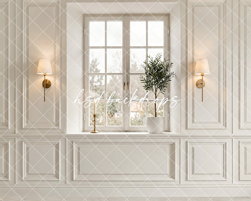Elegant French Window Paneled Wall Photography Backdrop – Luxury Neutral Portrait Scene | HSD Backdrops